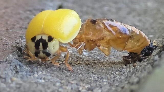 4K Macro Shot of a Ladybug Emerging from its Pupa, Metamorphosis Process #007