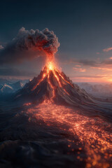 Fototapeta premium A breathtaking digital artwork of a volcano erupting lava and smoke into the sky, illuminated by a fiery orange and red hue. The majestic mountain is surrounded by snowcapped peaks.