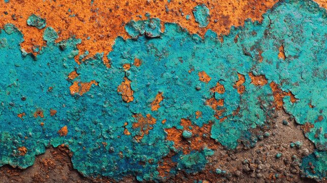 Macro shot of a heavily corroded metal surface with flaking turquoise patina and rough orange rust. The weathered abstract texture creates a rich organic pattern