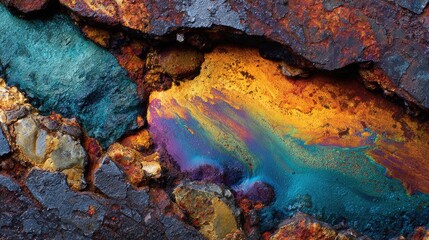 Fototapeta premium Abstract close-up of a rugged rock fissure revealing a vibrant iridescent mineral vein. Striking swirls of orange, purple, and teal flow between dark weathered stone textures
