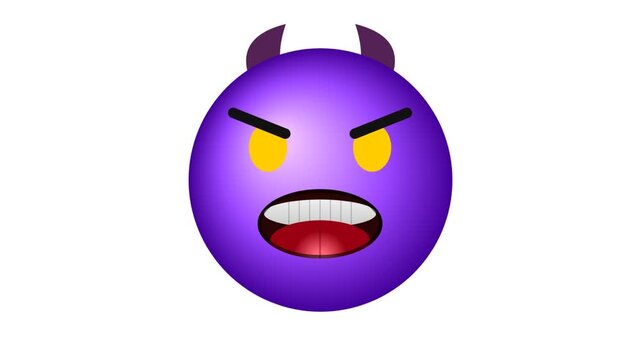 A purple devil emoji with glowing yellow eyes and an angry expression on white back