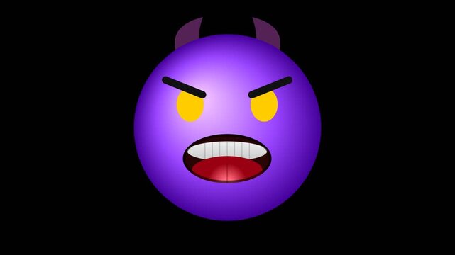 A purple devil emoji with glowing yellow eyes and an angry expression on black back