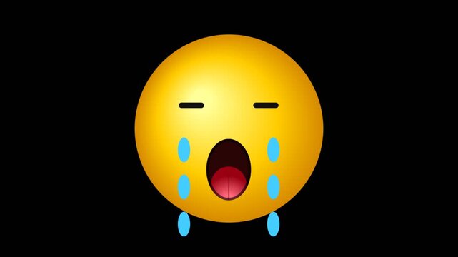 A bright yellow crying emoji face with blue tears isolated on a solid black background