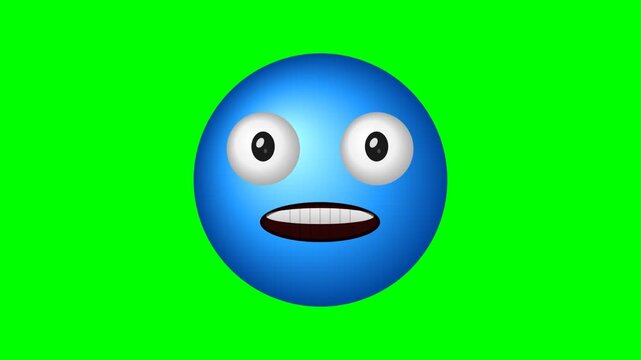 A blue emoji face with wide eyes and a nervous expression on a bright green screen