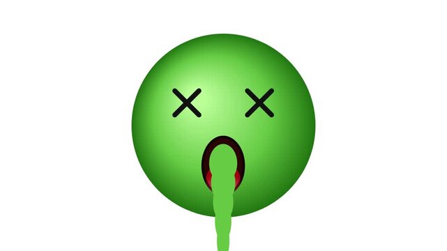 A green emoji face with cross eyes and an open mouth vomiting a stream of liquid.