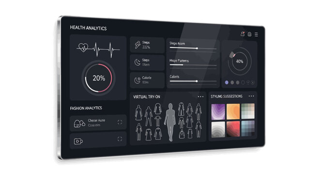 Digital dashboard displaying health and fashion analytics with virtual try-on feature