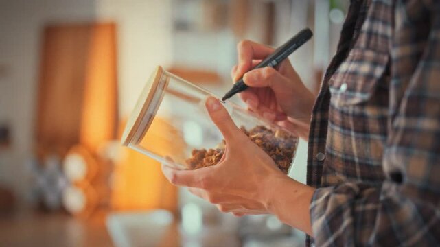 Labeling glass storage jar with granola, a housewife tidies her kitchen, emphasizing proper food storage. The act showcases organized pantry habits, ensuring freshness and a neat cooking environment