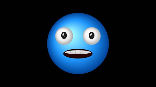 Blue emoji face with wide eyes and a nervous expression isolated on a black background