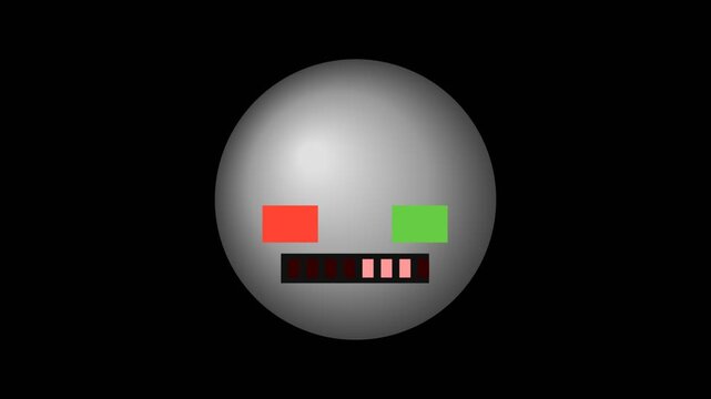 A minimalist circular robot head icon with glowing red and green eyes on dark space