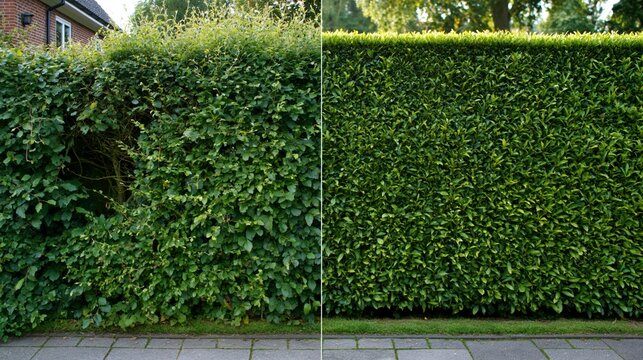 A hedge trimming before and after split showing an overgrown shapeless unruly hedge on the left and a neatly flat topped sculpted hedge on the right.