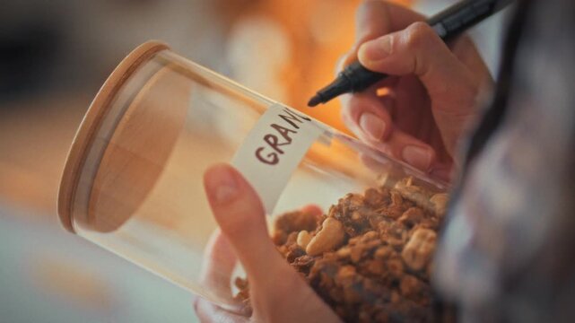 In bright kitchen, housewife carefully labels glass storage jar with the word granola, emphasizing proper food storage. She arranges the sealed jar among pantry items, showcasing organized meal prep