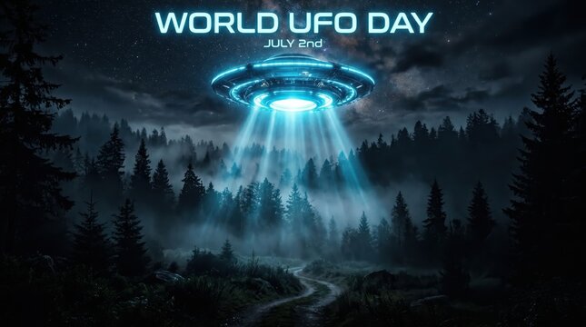 World ufo day with a glowing flying saucer over a dark forest