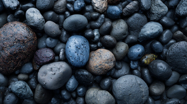 Macro of wet smooth beach pebbles in moody blue and grey tones with glossy highlights