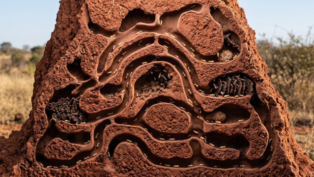 Termite mound cross-section interior showing complex arched galleries chambers tunnels in red laterite soil with tiny worker termites and cool lighting
