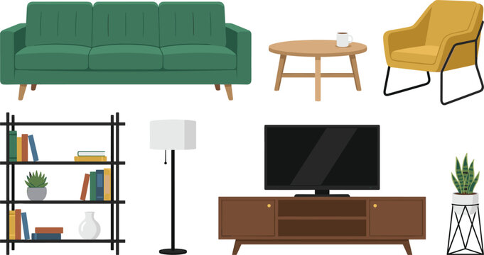 Modern Living Room Furniture Vector Set with Green Sofa, Armchair, Coffee Table, TV Stand, Bookshelf, Floor Lamp, and Houseplant Interior Designs