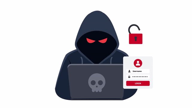 Hacker security breach alert with laptop and unlocked protection symbol, vector flat 2d illustration isolated on transparent background with alpha channel