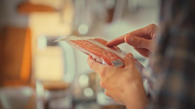 A young woman carefully examines the label on a soft package in her bright home kitchen, checking its composition to ensure proper nutrition and healthcare, reflecting a mindful approach to her diet