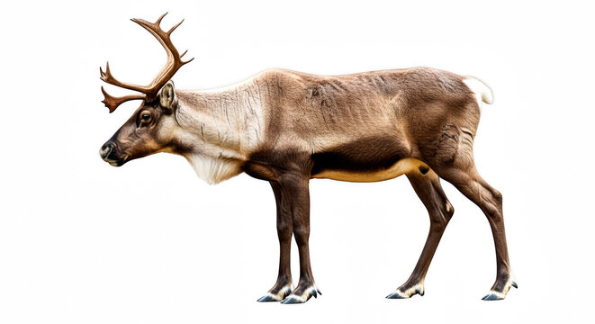 A reindeer with large antlers standing isolated on transparent background in a natural pose