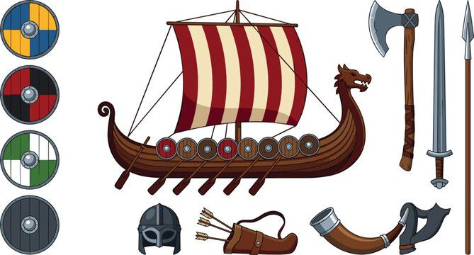 Viking Longship and Medieval Warrior Weapon Vector Set with Dragon Boat, Shields, Axe, Sword, Spear, Helmet, Quiver, and Horn Graphic Designs