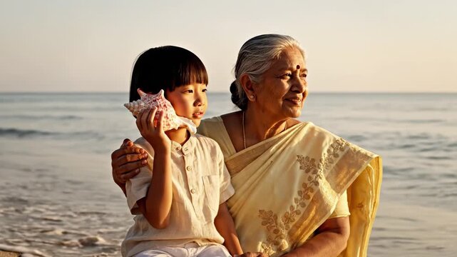 Indian grandmother embracing young Asian boy listening to a seashell on a tranquil beach at sunset for intergenerational bond concept and childhood discovery