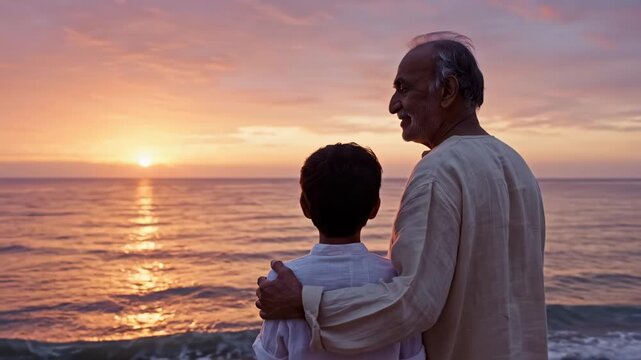 Senior man and young boy standing by the ocean at sunset, pointing, for intergenerational wisdom and timeless memory concept