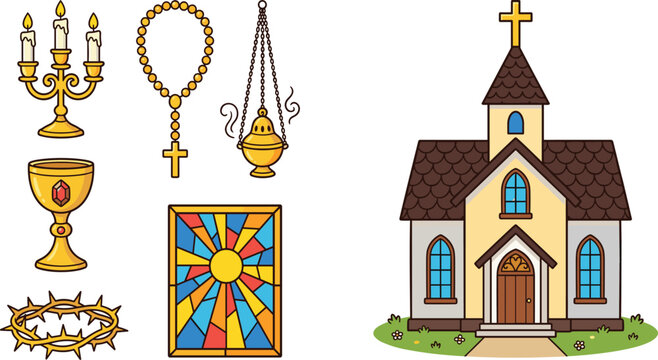 Christian church building vector icon set with holy cross rosary thurible chalice and thorn crown