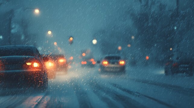 City traffic during snowstorm with glowing headlights and foggy atmosphere, cinematic winter scene featuring dramatic urban transportation and cold weather mood.
