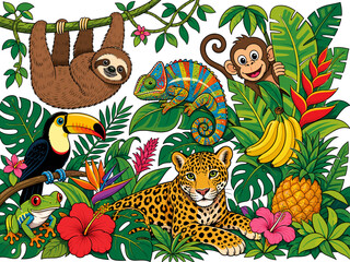Obraz premium Vibrant jungle scene with diverse animals and lush tropical foliage