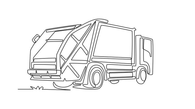 Animated self drawing of continuous line draw back view of municipal garbage collection truck, illustrating the large refuse compactor container and front driver cabin. Full length one line animation