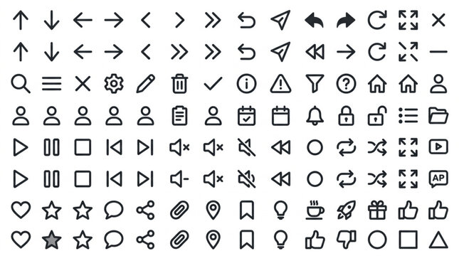 Collection of hand-drawn interface icons for digital applications and websites.