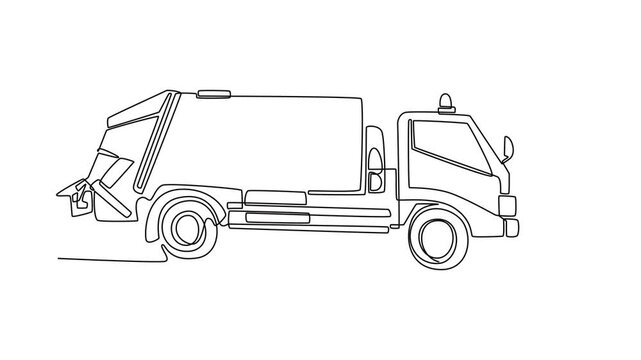 Animated self drawing of continuous line draw side view of city garbage truck. Highlighting large trash storage body, rear loading hopper mechanism and front driver cab. Full length one line animation