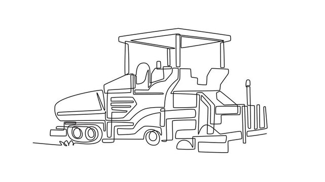Animated self drawing of continuous line draw industrial road paving machine, outlining heavy material distributor, main processing body, and open canopy operator deck. Full length one line animation