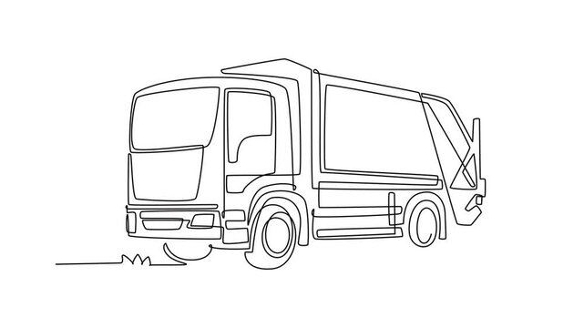 Animated self drawing of continuous line draw municipal waste management truck from front angle, featuring detailed driver cabin, and large rear refuse container body. Full length one line animation