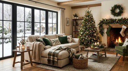 Fototapeta premium Cozy Christmas living room with a roaring fire and snow falling outside
