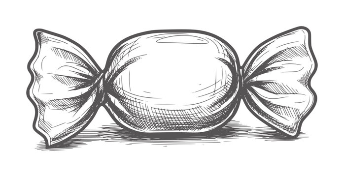 Hand drawn of a single wrapped candy with twisted ends sweet food 1 monochrome black
