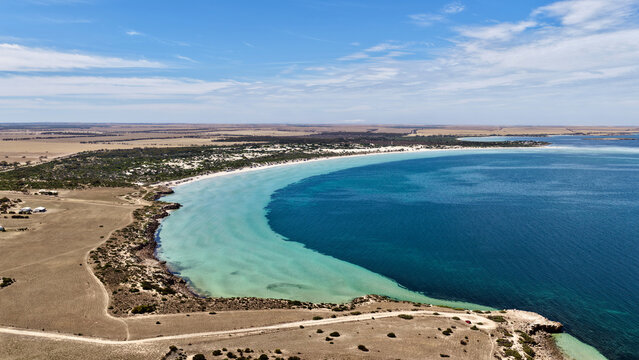 Perlubie Beach, Eyre Peninsula, South Australia &ndash; 4K Aerial Drone view of Turquoise Waters, White Sand Dunes and Remote Coastal Landscape near Eba Anchorage and Streaky Bay in Dry Season.