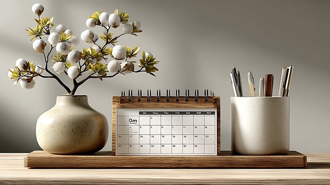 Modern workspace with blank date block and pen holder wallpapers