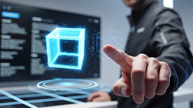 Man Interacts with Futuristic Holographic 3D Cube Interface on Digital Display