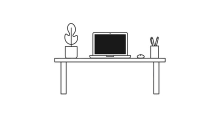 Minimalist desk with laptop, plant, and pens. © Rondo