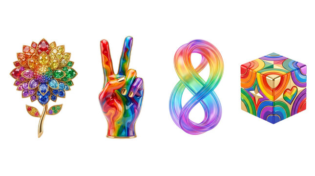 Rainbow flower peace sign hand infinity symbol and cube objects with abstract