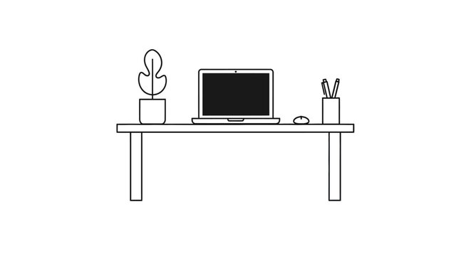 Minimalist desk with laptop, plant, and pens.
