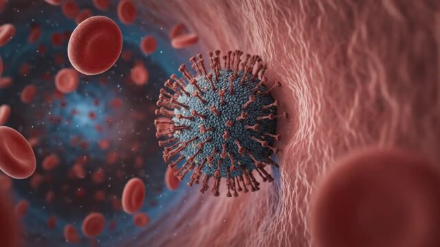 Medical animation of a coronavirus moving through a bloodstream filled with red blood cells inside a human vein.