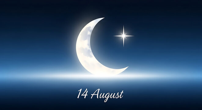 A prominently glowing white crescent moon featuring subtle cloud-like textures and a brilliant four-pointed star brightly shine above the elegantly scripted white text 14 August