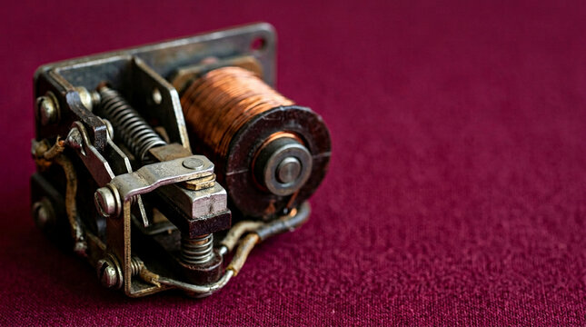 Vintage electromechanical relay with silver contact blades and copper coil on burgundy background, early digital computing and switching concept.