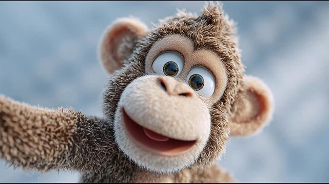Adorable cartoon monkey character taking a selfie with a happy expression and wide eyes against a blurred sky background