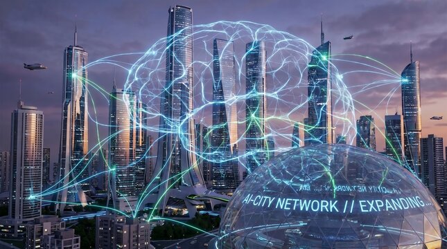 Futuristic city skyline with interconnected network, depicting a hyper-connected urban landscape symbolizing innovation, technology, and the digital age with aerial view.
