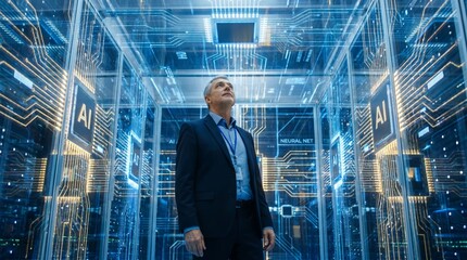 Fototapeta premium A business professional gazes upwards in a modern, futuristic office space with vibrant lighting, symbolizing ambition, innovation, and a forward-thinking approach to the future of work.