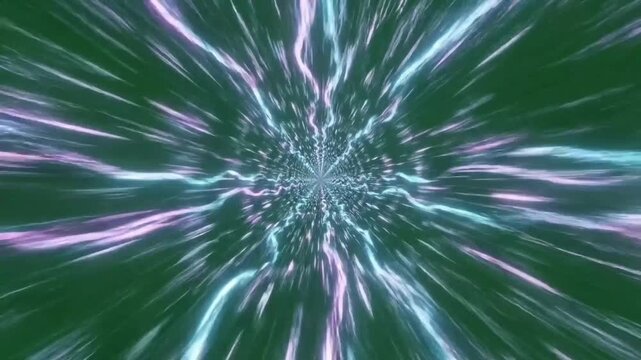 Futuristic space warp speed tunnel with glowing green blue and pink neon light streaks moving fast in hyperspace cosmic travel background