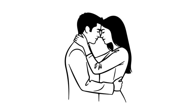 Romantic couple in a tender embrace, forehead to forehead, line art illustration