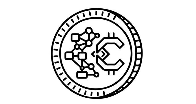 Cryptocurrency coin icon with blockchain network and code symbol